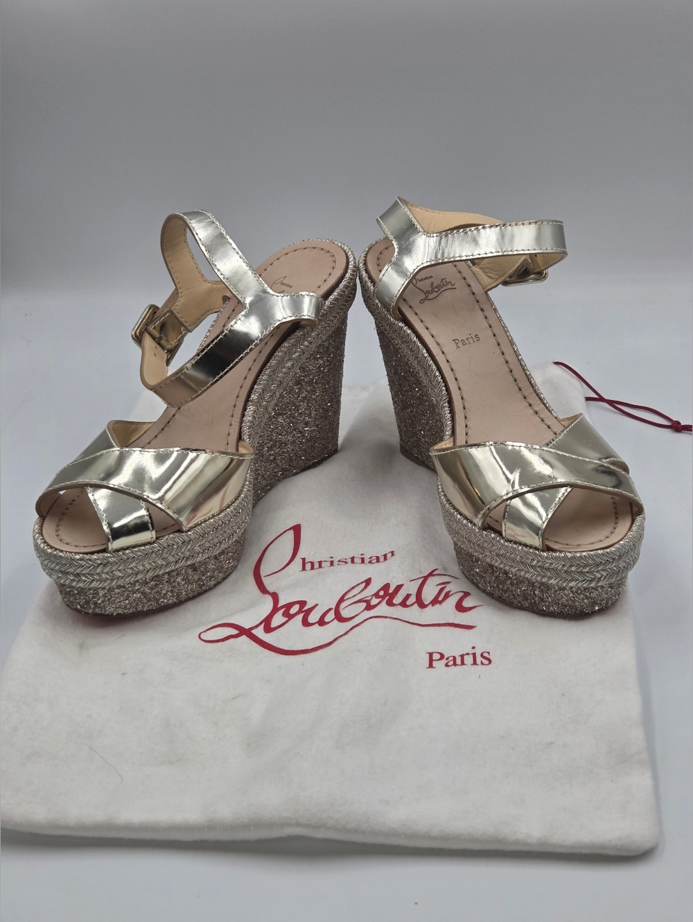 Christian Louboutin Gold Metallic Braided Wedge Sandals